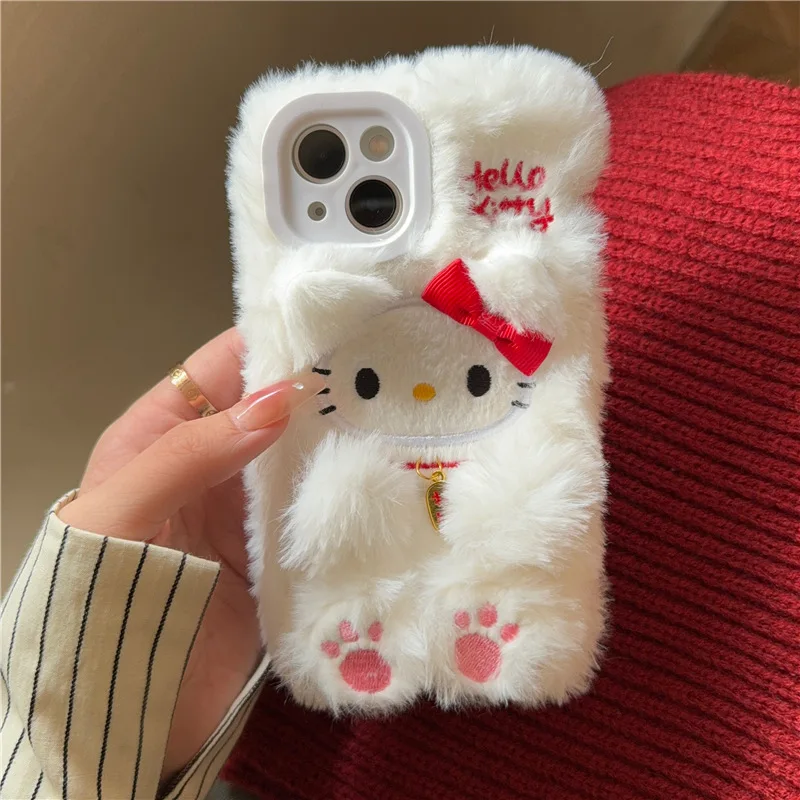 

Kawaii Sanrio Hello Kitty Autumn Winter Plush Phone Case For IPhone 15 14 13 12 Pro Max Shockproof Soft Shell Y2k Girl Gifts
