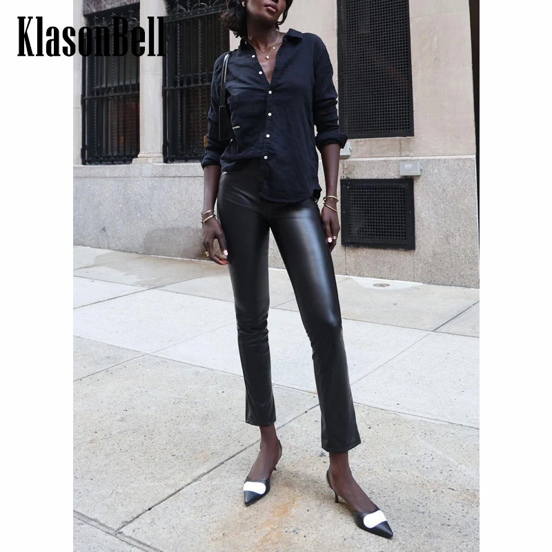 12.19 KlasonBell Black Thick Slim PU Leather Pencil Pants Women