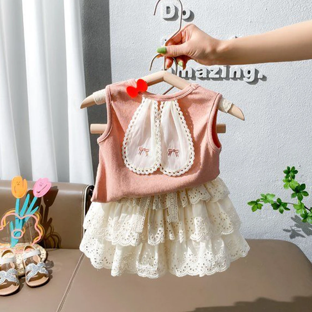 

Melario New Girls Suit Summer Baby Sweet Rabbit Ear T-shirt + Lace Skirt Pants Sets Casual Girls Two Piece Set Children Clothing