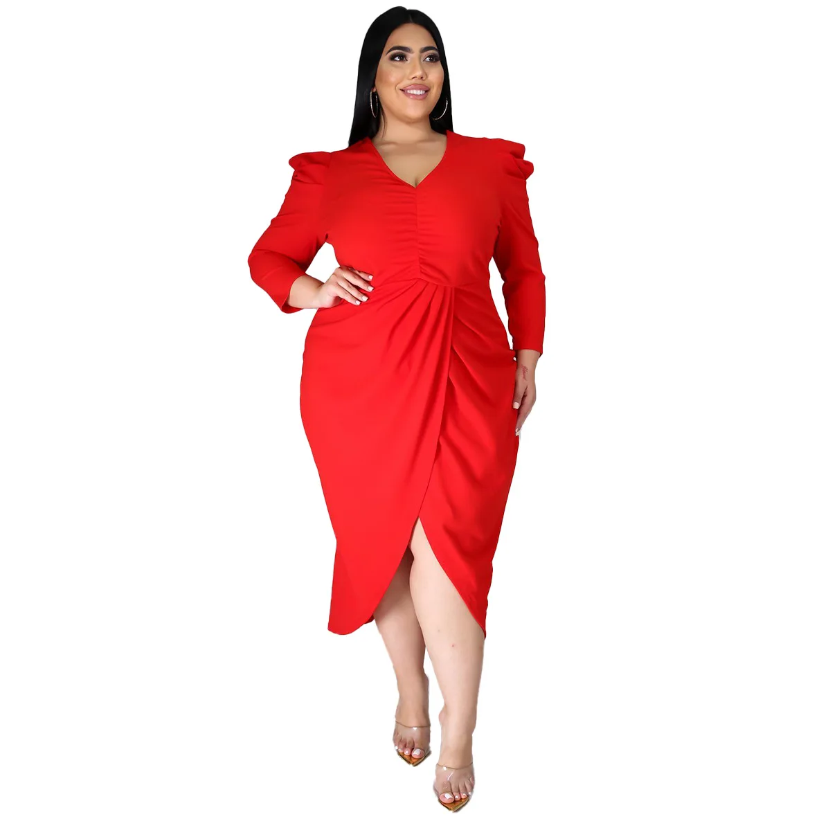 Factory Price European and American Oversize Dress V-neck Irregular Dress Long Sleeve Solid Split plus size  Dress