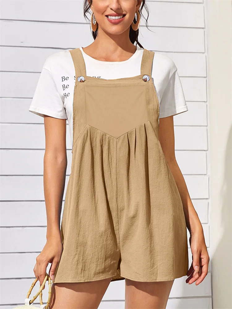 

Women's Fashion New Jumpsuit 2023 Summer Cotton Hemp Loose Strap Solid Button Casual One Piece Wide Leg Strap Shorts Female