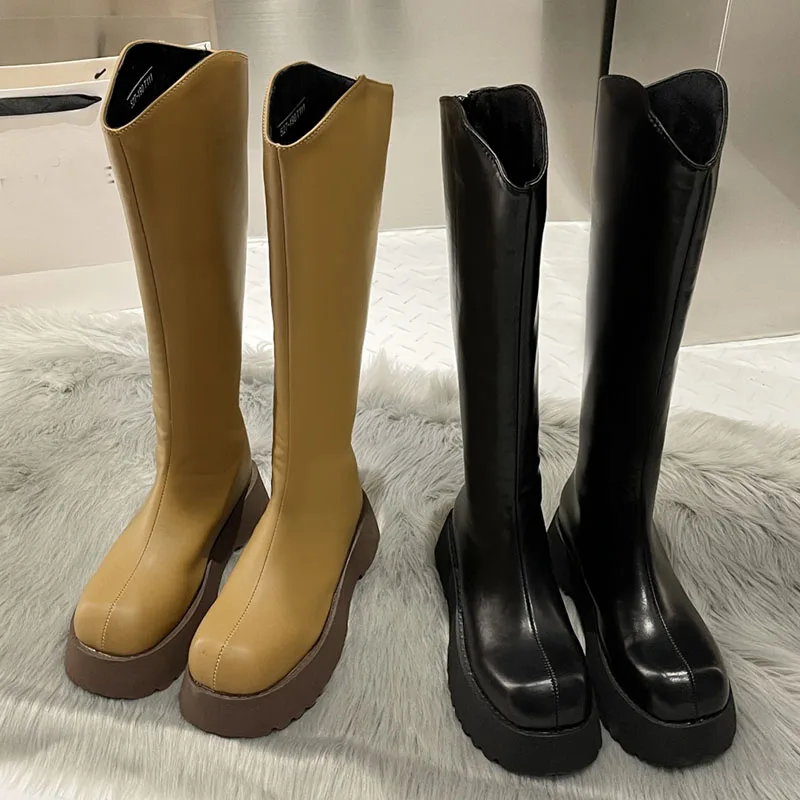 

Модные женские сапоги Челси на молнии, женские сапоги до колена с круглым носком, уличная женская повседневная обувь на толстой подошве, дли...