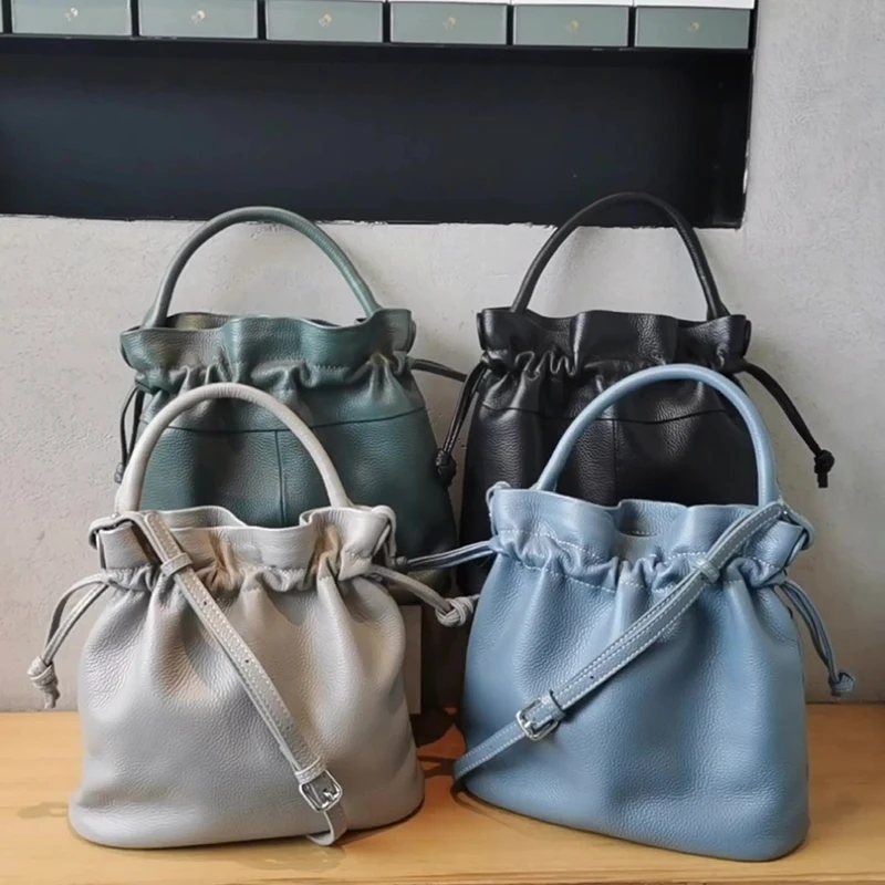 

Leather Bucket Bag Lady New Women's Top Handbag Fashion Messenger Bags Drawstring Solid Color Large Capacity Totes