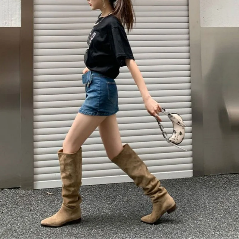 

2022 Autumn Women Knee High Boots Female Flock Block Heels Pointed Toe Shoes Pleated Ladies Retro Western Cowboy Knight Boot