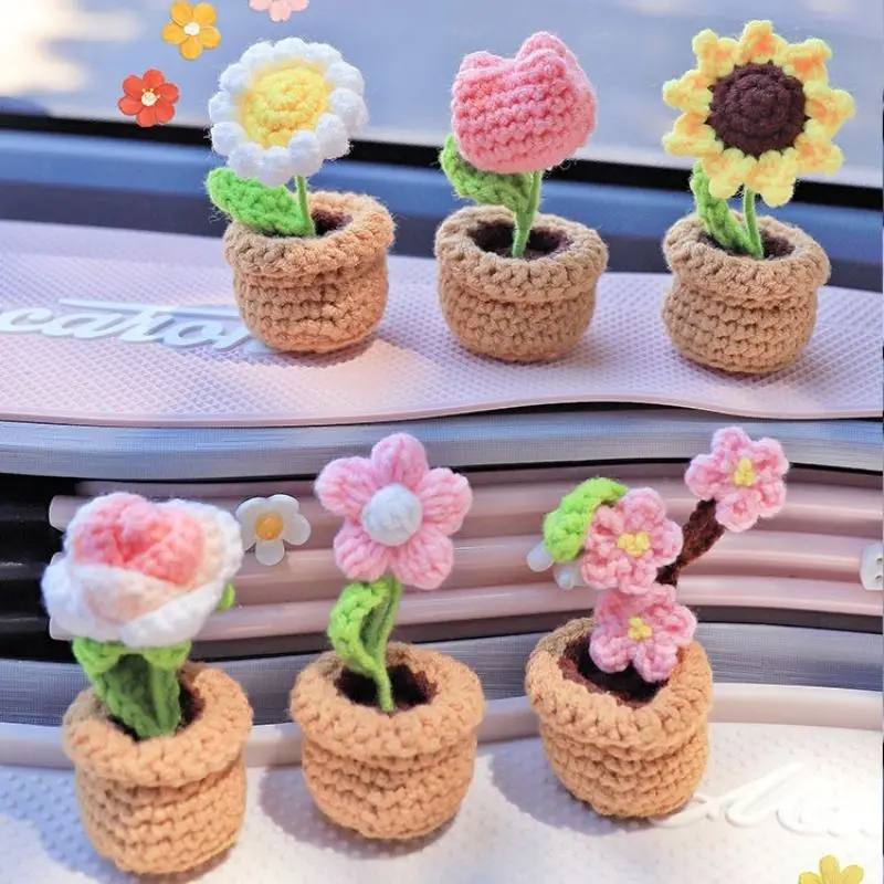 

Creative Mini Flower Bouquet Potted Hand Woven Car Ornaments Auto Interior Center Console Dashboard Decoration Car Accessories