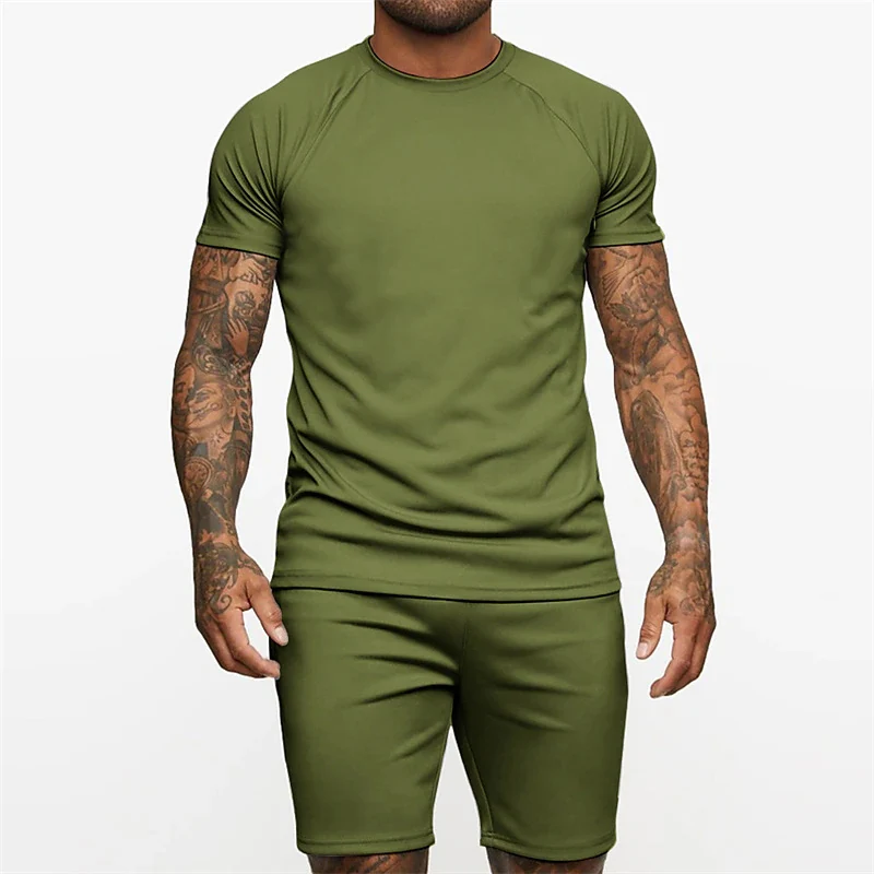 Men Clothing 3D Printed T-shirt Suits Plus Size Solid Color Designer Graphic Round Neck Ropa Short Raglan Sleeve 2 Pieces Summer