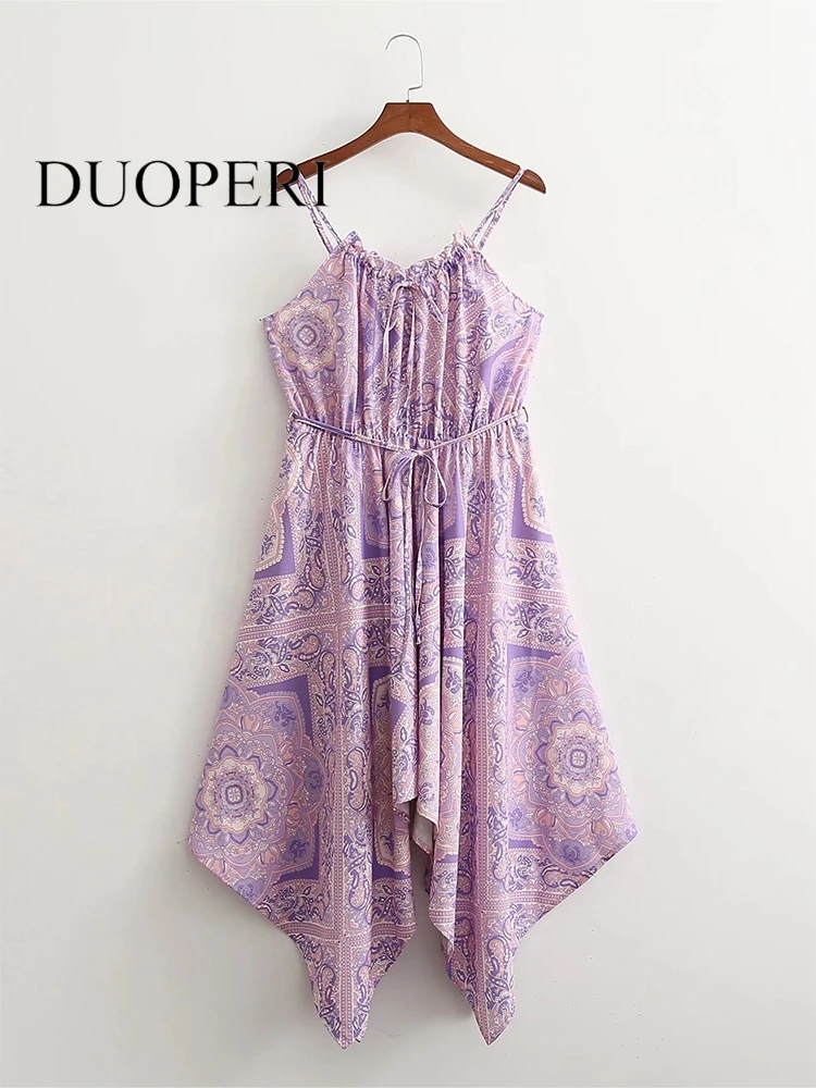 

DUOPERI Women Fashion Irregularity Midi Dress Vintage With Belt V-Neck Thin Straps Backless Female Chic Dresses