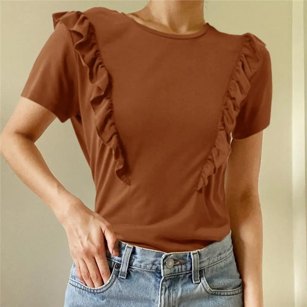 

Женская футболка с круглым вырезом и коротким рукавом, летняя однотонная женская блузка с оборками для повседневной носки