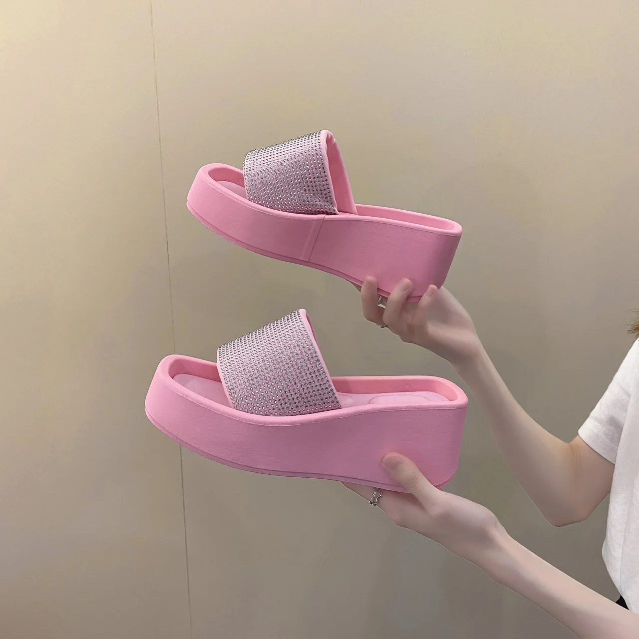 Muffin Bottom Rhinestone Heightening Slippers Women's Summer New Square-toe Open-toe One-word Slippers Thick-soled Shoes Large43