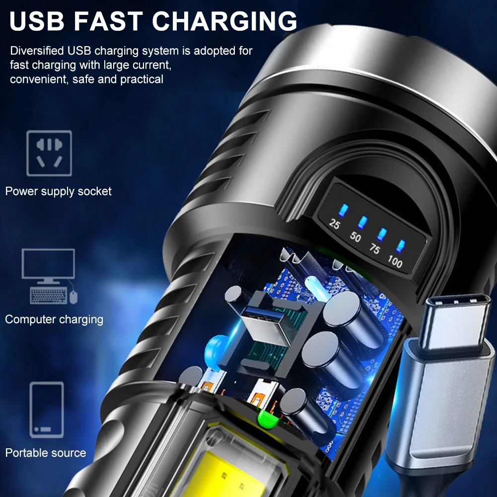 Фото Для пеших прогулок, скалолазания, аварийный фонарь для кемпинга, USB перезаряжаемый фонарик для рыбалки, IPX4, водонепроницаемый, 4 режима, 500 лм, наружное освещение №3