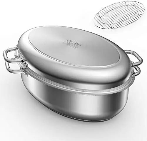 

Captain Roasting Pan with Rack and Lid 12 Quart,18/10 Stainless Steel Multi-Use Oval Dutch Oven, Induction Compatible Dishwasher