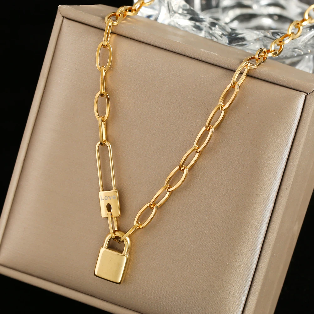 100% Stainless Steel lock catch Necklace For Women Gold Color Metal Lock Chunky Heavy Duty Chain Choker