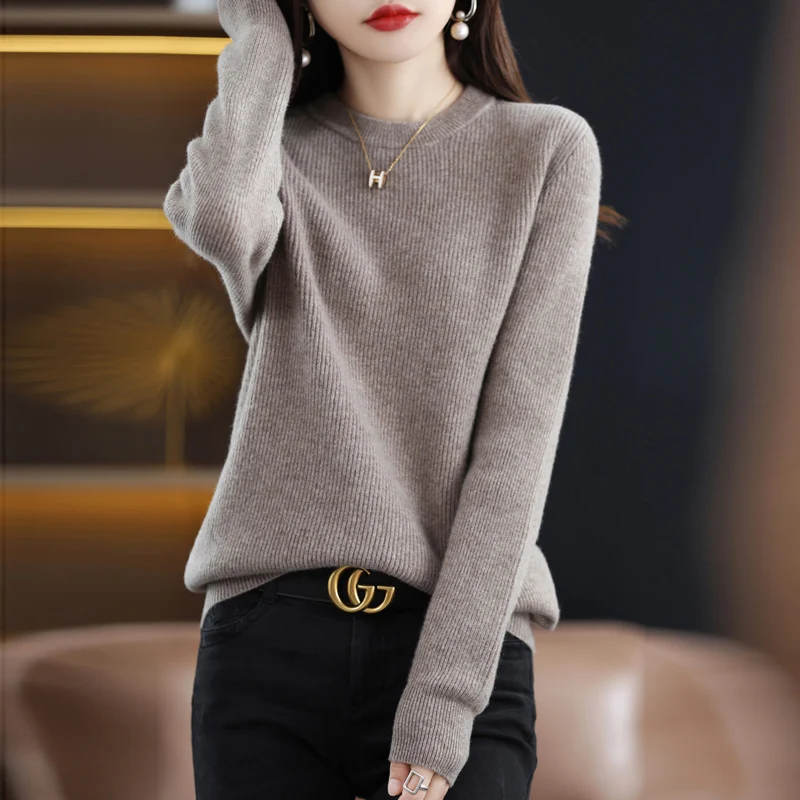 New Autumn And Winter Pure Wool Women's Round Collar Slim Pullover Sweater Loose Fashion Long Sleeve Knit Bottoming Shirt