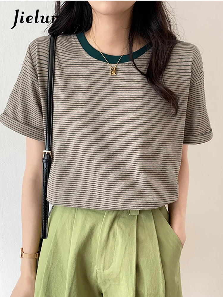 

Jielur 2022 Spring Autumn Women Harajuku Striped Tshirt Long Sleeve O-Neck T-Shirts Korean Casual T Shirt Femme Black Tops