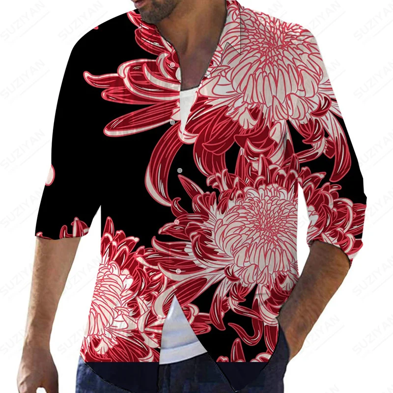 

2022 Turn-down Urban Style Collar Fashionable Printed Japanese Summer Hawaiian Men's Clothes Beautiful Patterns Red Floral