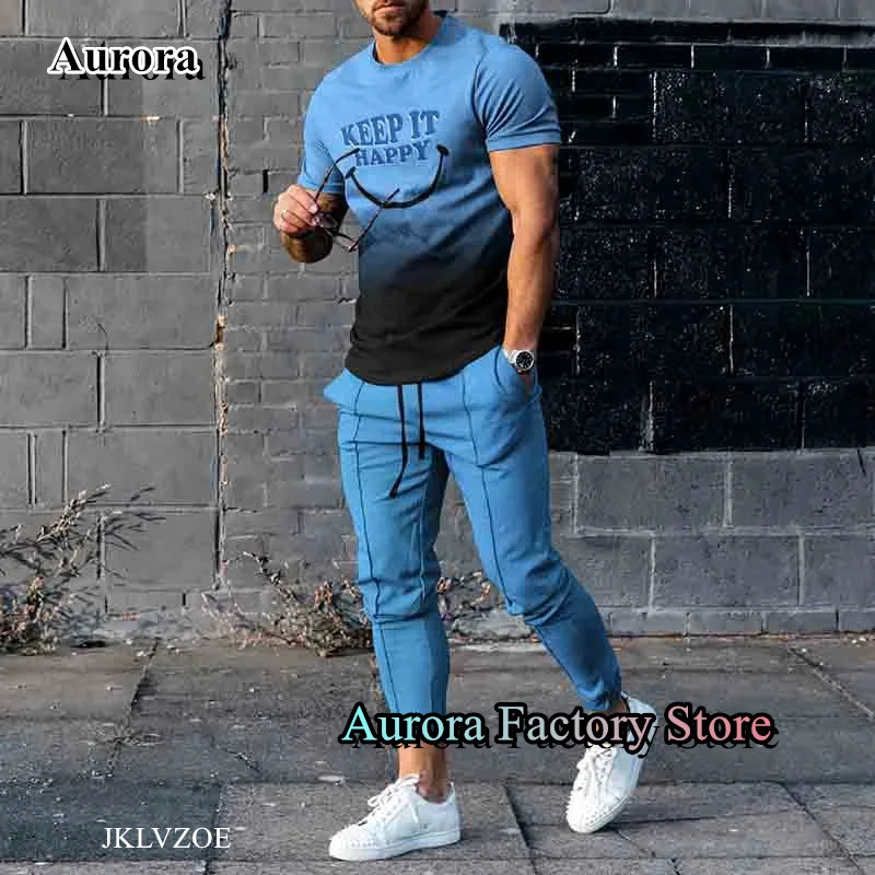 New Men's Summer Casual Tracksuit 2 Pieces T-Shirt Trousers Set Smile  Jogging Suit Fashion Outfit Male Oversized Streetwear