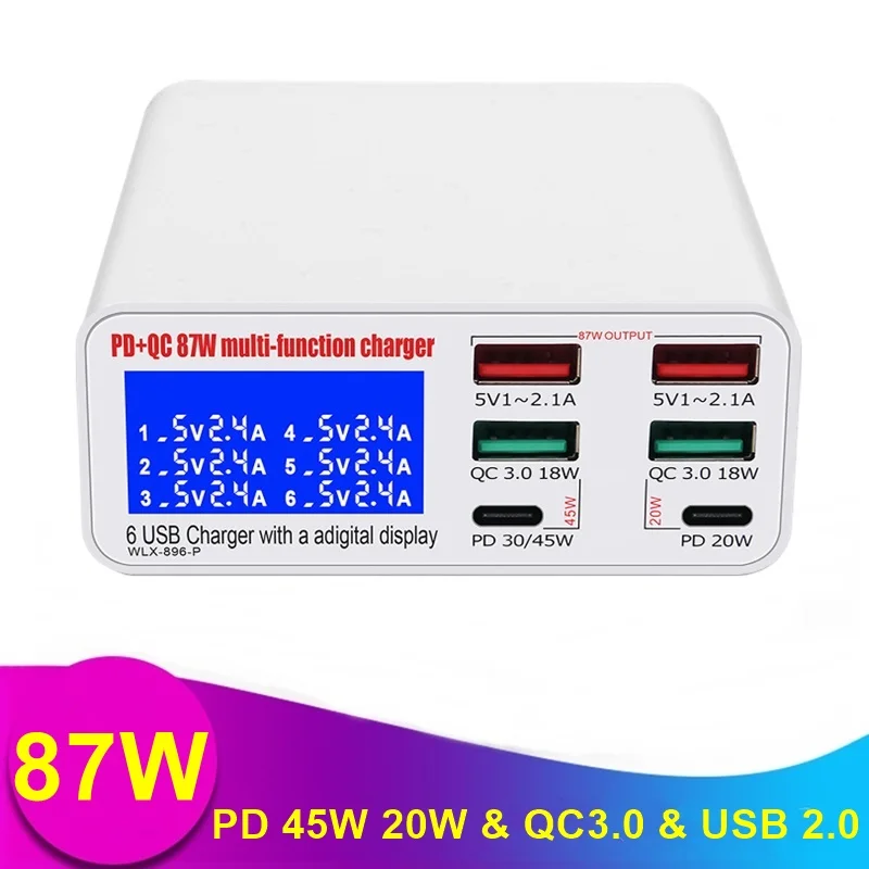 

87W Universal USB Charger 6 Ports USB PD 45W Phone Charger LCD Display Fast Charging Station for Iphone Samsung Tablet Macbook