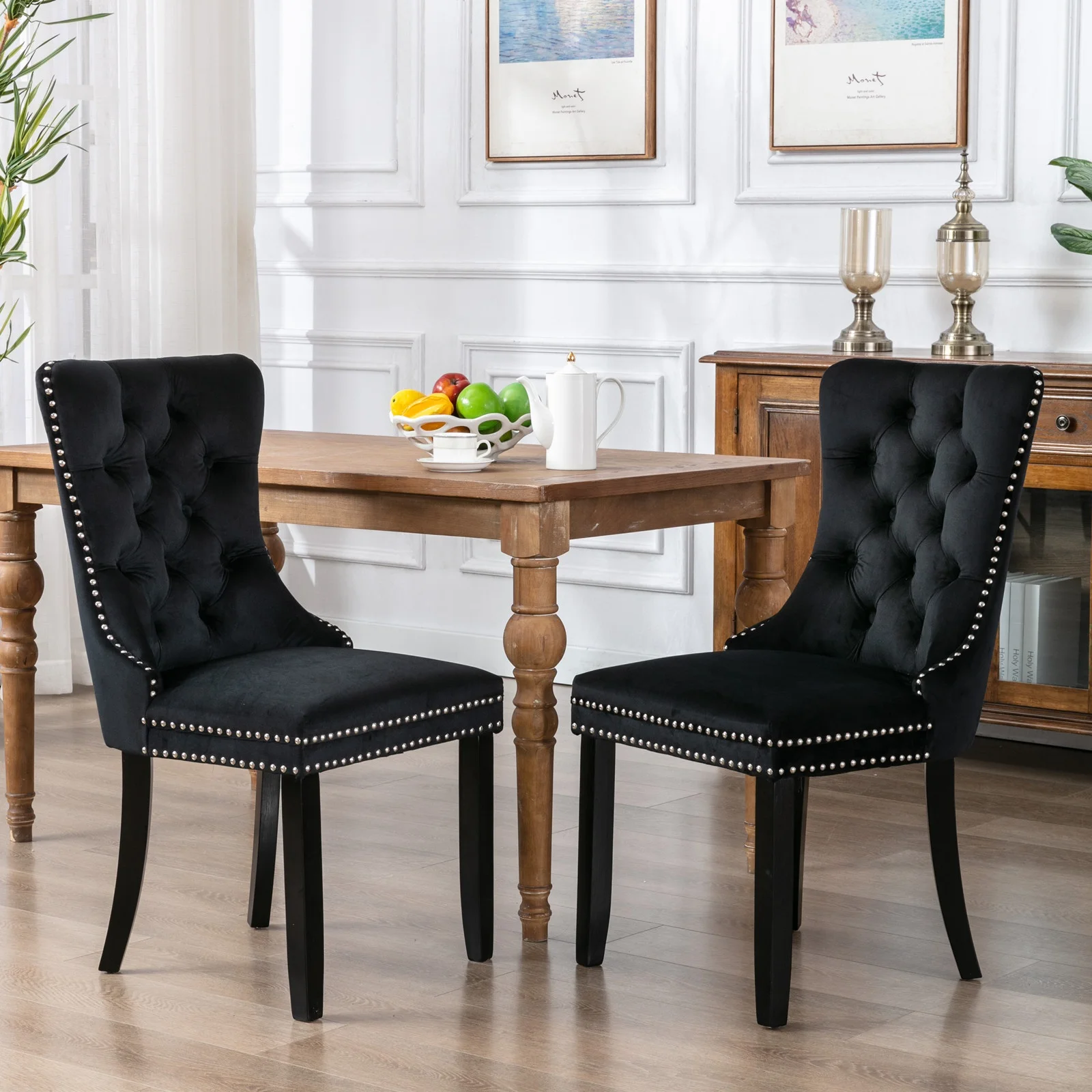 

2pcs Furniture High-end Tufted Solid Wood Contemporary Velvet Upholstered Dining Chair with Wood Legs Nailhead Trim Black