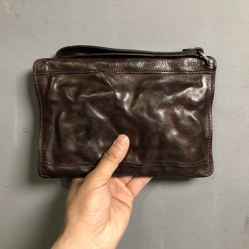 Original simple thin first layer cowhide handbag trend men's holding bag fashion leather clutch bag