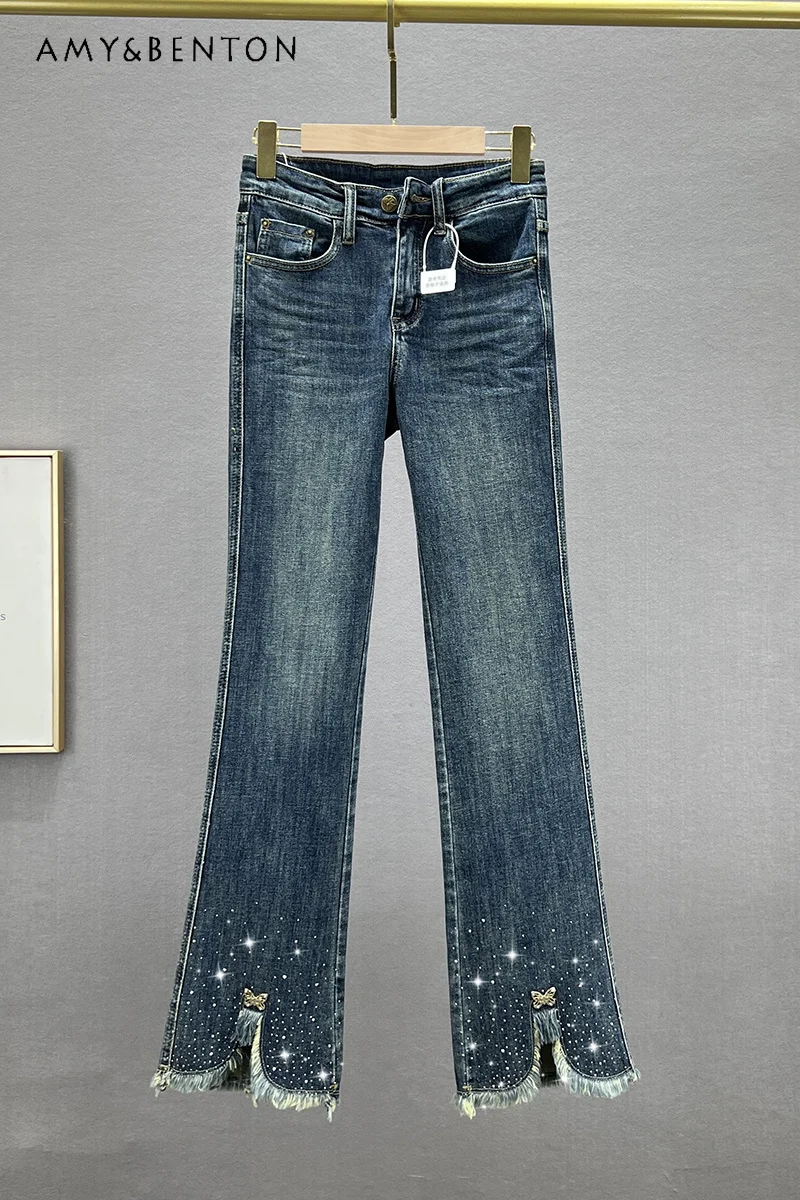 

Тяжелая вышивка, лидер продаж, женские джинсы, Новинка осени 2023, Эластичные Обтягивающие джинсовые брюки с высокой талией для дам, штаны с колокольчиками