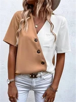 summer new office women chiffon blouse fashion contrast color oblique buckle v neck short sleeve patchwork ladies shirt top 2022