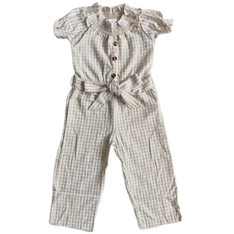 

Baby Romper Girls Beige Plaid Short Sleeve Summer Romper Bodysuit Kids Boutique High Quality RTS Children's Clothing