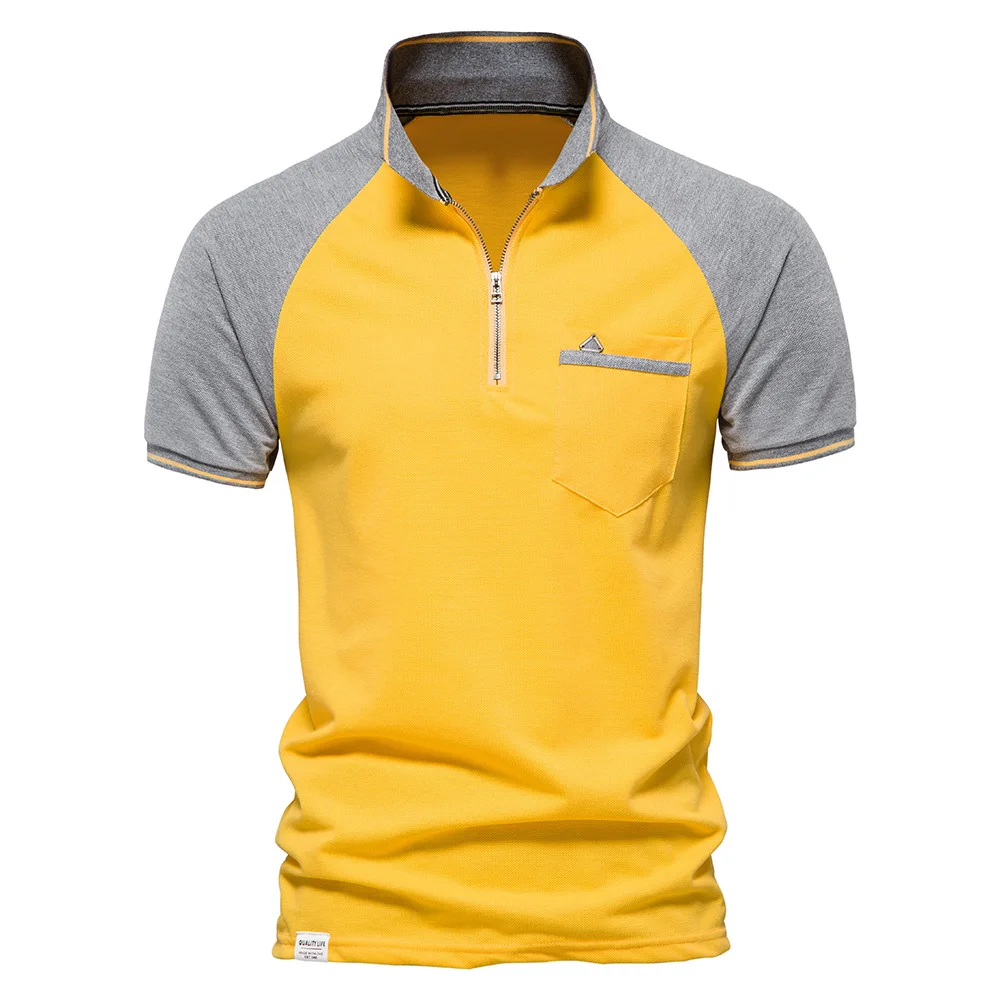 

Polos Men Cotton Patchwork Zipper Short Sleeve Summer Mens Polos Fashion Social Casual Brand Quality Tee Shirts for Men