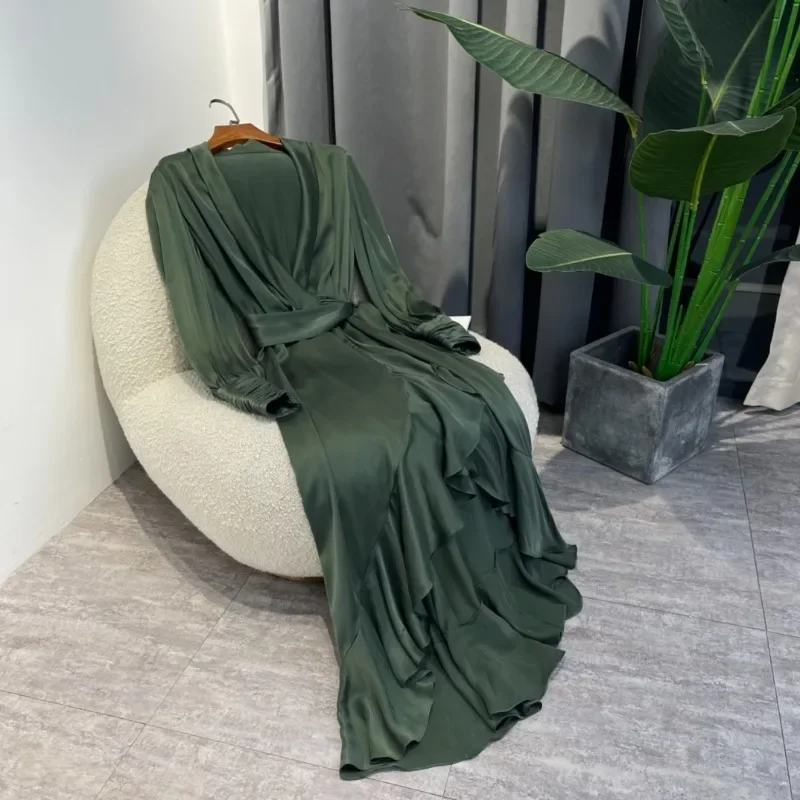

2023 Green New Spring Summer Silk Top Quality Vintage Long Lantrern Sleeve Irregular Flounced Woman Midi Wrap Dress