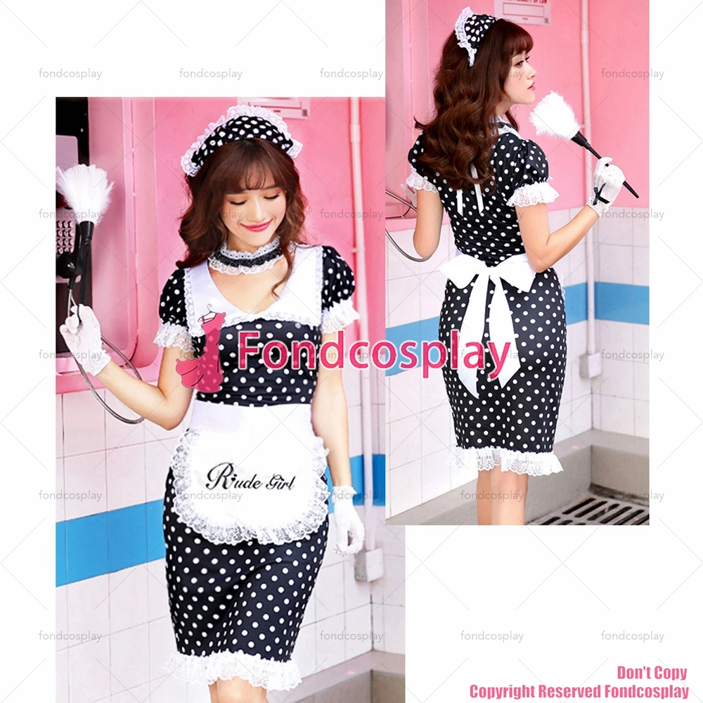 

fondcosplay adult sexy cross dressing sissy maid short French polka dots black Satin lockable dress CD/TV[G3922]