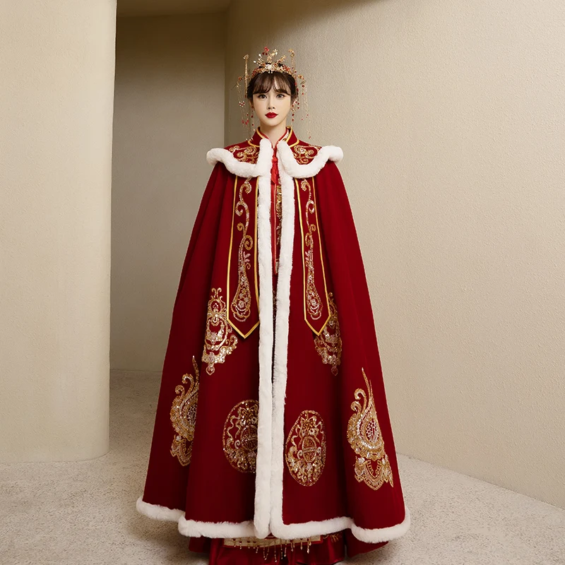 

Халат-накидка Новинка 2022 для невесты зимняя Свадебная подходящая ко всему красная теплая искусственная большая накидка