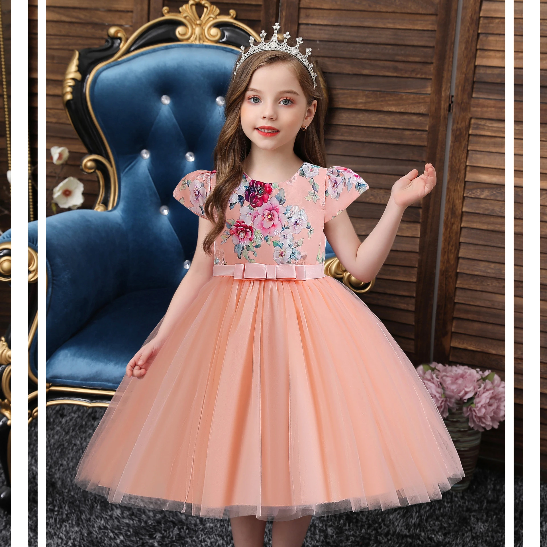 

New Child Princessdress Knee-length Short Petal Sleeve Girls Skirts Print Lace Mesh Bow Empire Dress Piano Show Ball Gown 2-10T