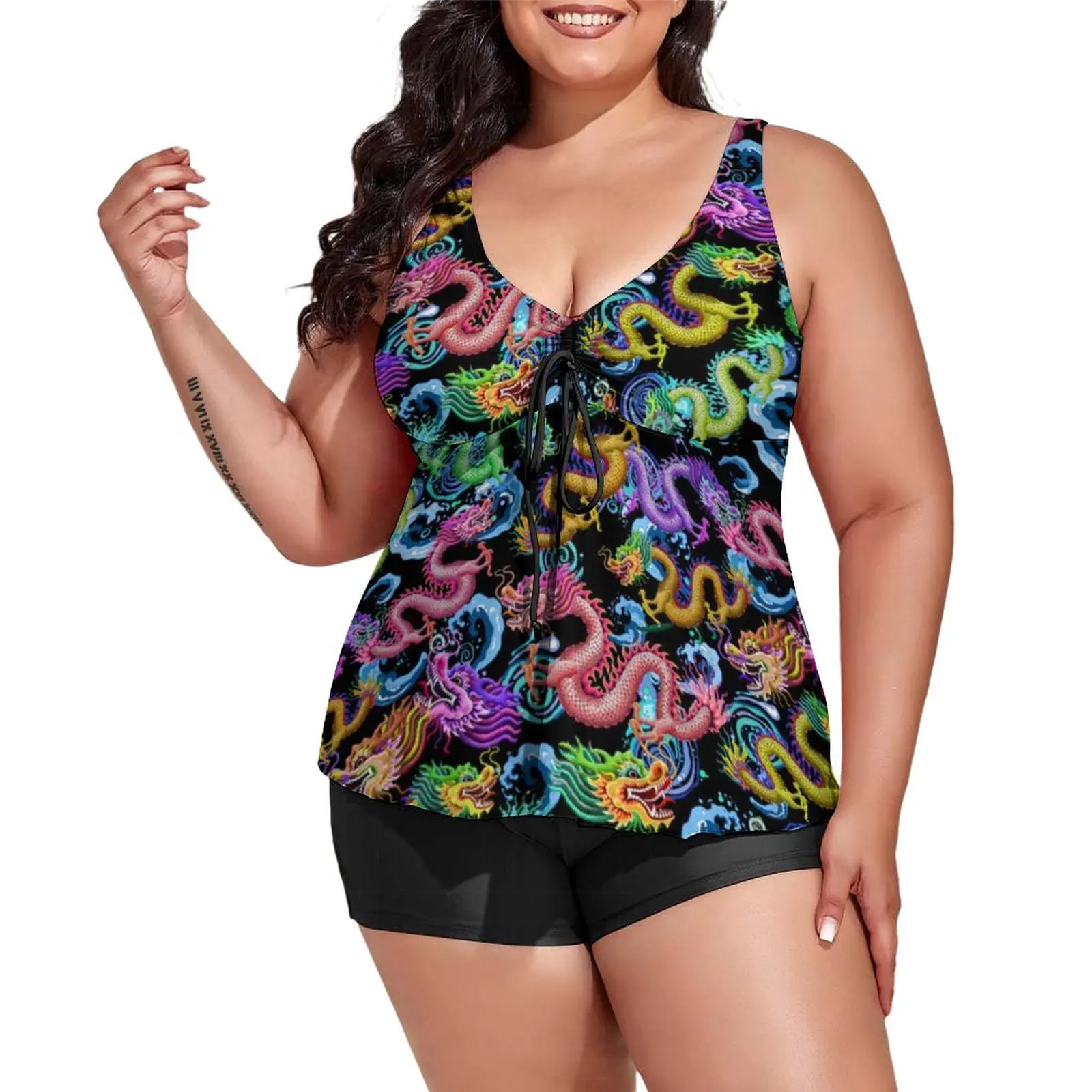 

Dragon Storm Tankini Swimsuit Colorful Dragons Print 2 Pieces Surf Swimwear Stylish Bathing Suit Adjustable Graphic Beachwear