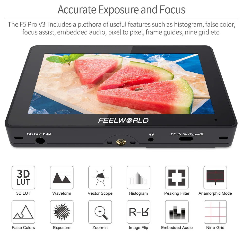 Монитор для цифровой зеркальной камеры FEELWORLD F5 Pro V3 с сенсорным экраном 5 дюйма 3D LUT