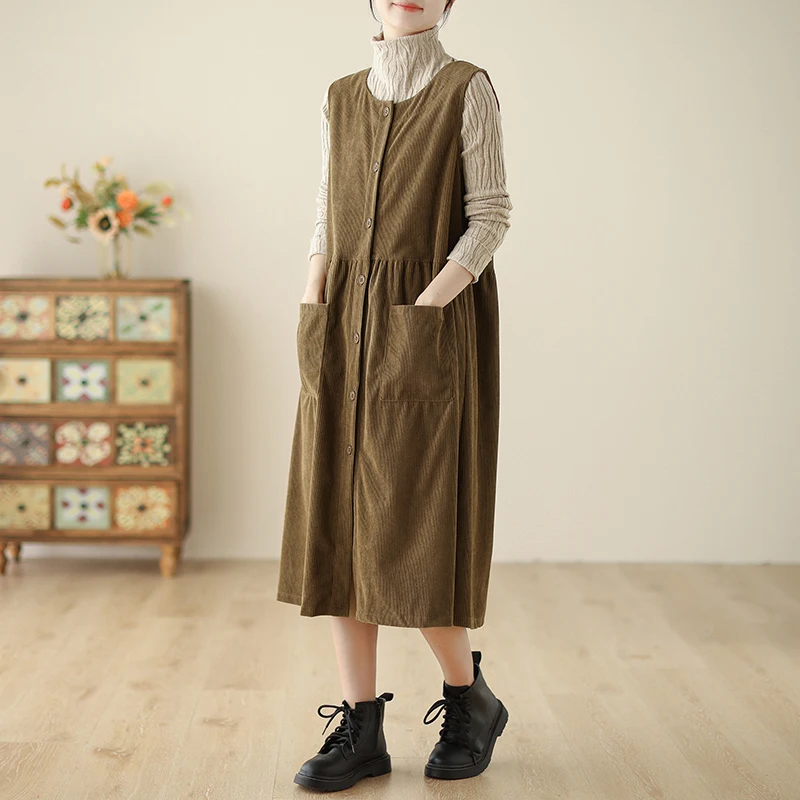 # 6917 осенне-зимнее платье-майка без рукавов женское однобортное платье с круглым