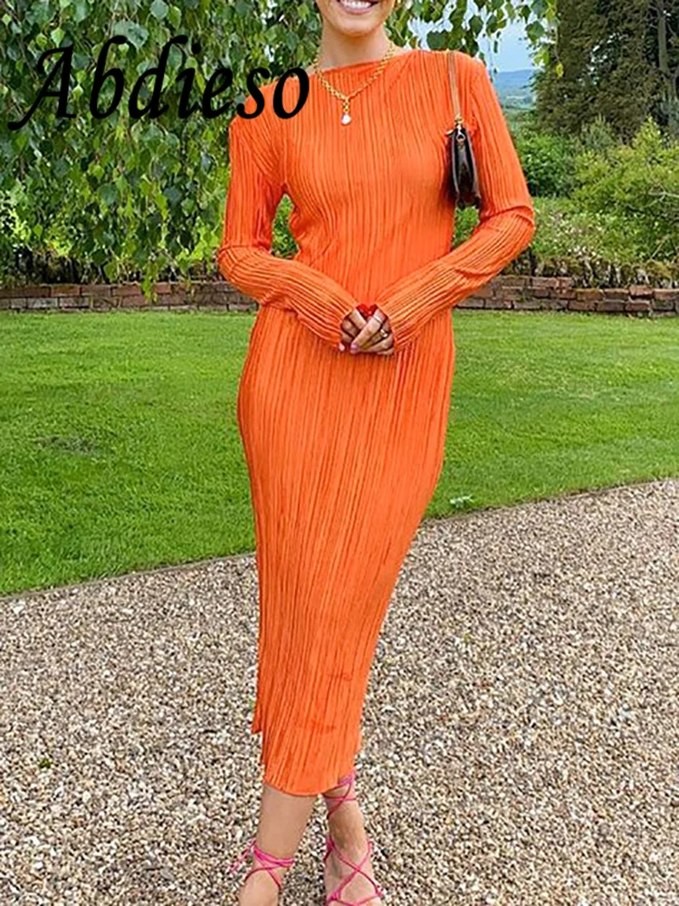 

Abdieso Autumn Ruched Long Sleeve Bodycon Dress Women Clothes Elegant 2023 O Neck Green Solid Sexy Long Evening Party Dresses