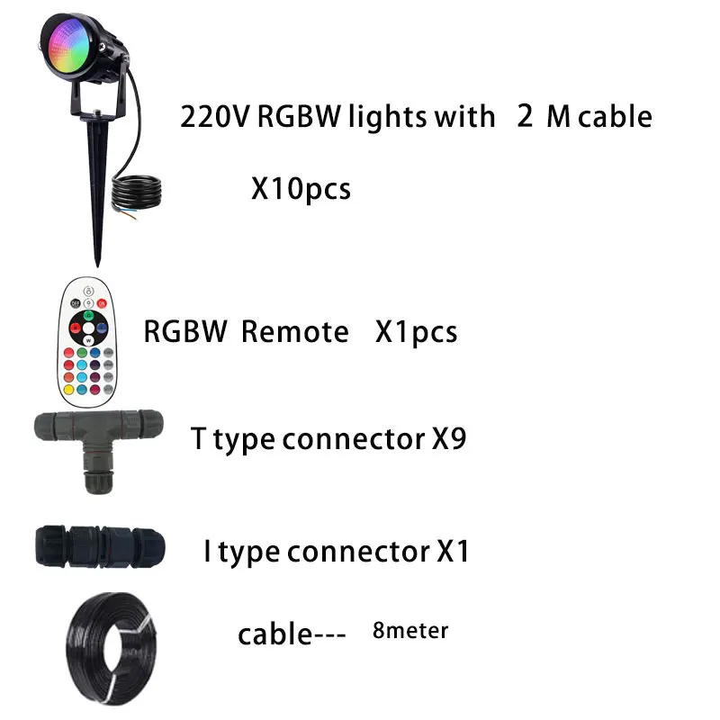 

10pcs RGBW LIGHT with 2M cable + 1 remoter +9pcs L16 2pins T connertor + 1pcsL16 3Pins I connector + 8M cable