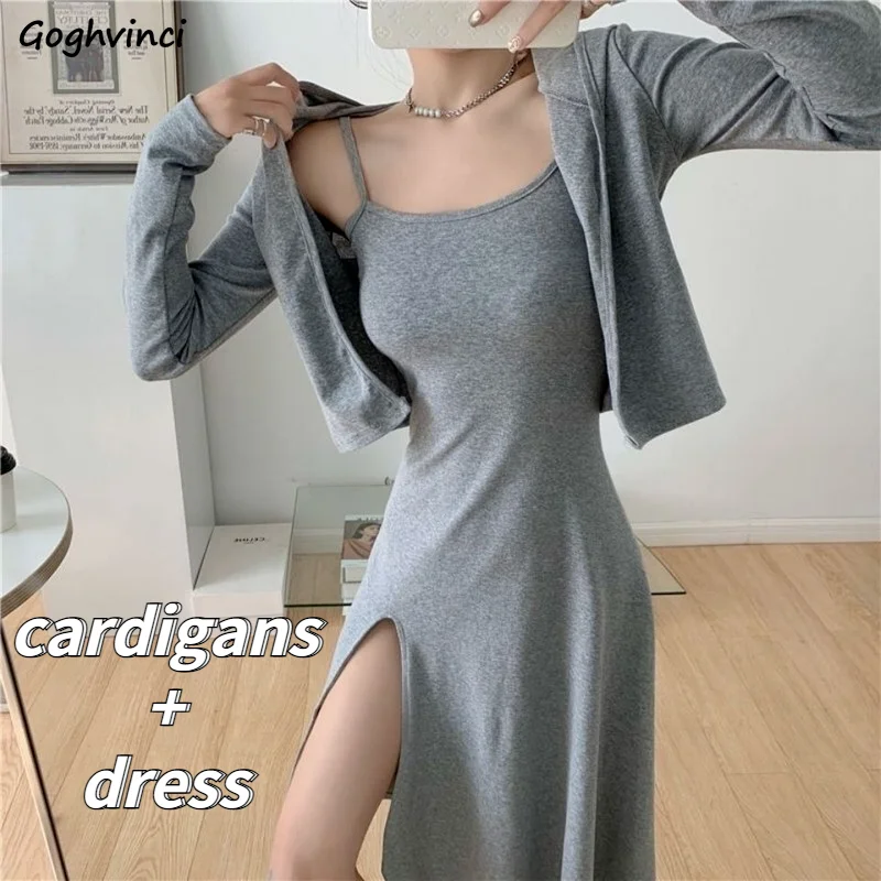 

Женские комплекты, однотонные элегантные стильные укороченные кардиганы из 2 предметов, платье с Боковым Разрезом, привлекательная универс...