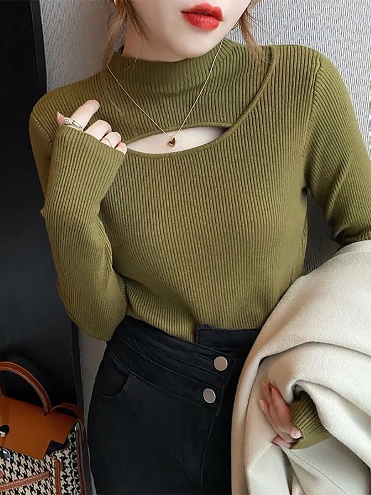 2024 вязаный женский свитер с высоким воротником пуловеры в рубчик осень-зима