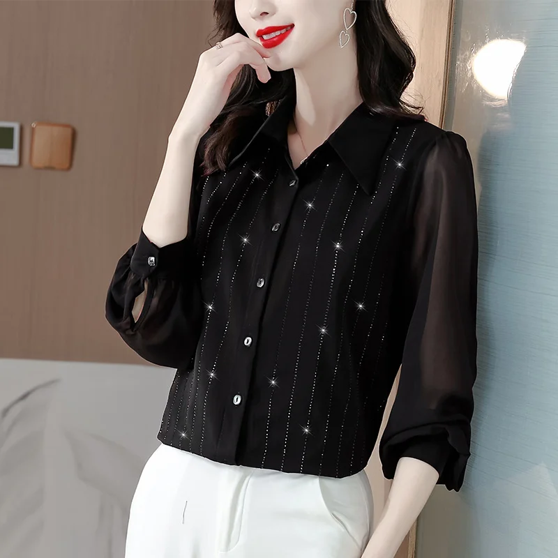 #1708 Chiffon Woman Tops And Blouses Diamonds Vertical Striped Red Black Woman Shirt Turn-down Collar Office Lady Long Sleeve