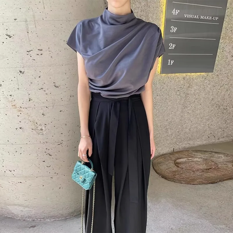 

Женский костюм из двух предметов, однотонный элегантный топ и широкие брюки с высокой талией в Корейском стиле, офисный костюм в стиле ретро