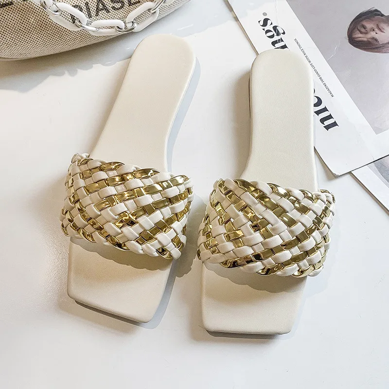 Summer Women Square Toe Flat Slippers Women's Casual Flip Flops Beach Sandals Ladies Flat Fashion Sandals Woman Weave Shoes