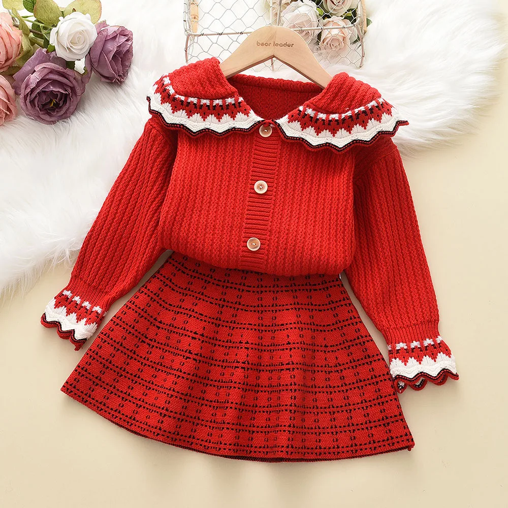 

Menoea Winter Baby Girls Clothes Christmas Girls Knit Cardigan Doll Collar Lace Sweater Striped Skirt 2pcs Vintage Knit Sweater