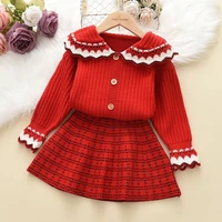 menoea winter baby girls clothes christmas girls knit cardigan doll collar lace sweater striped skirt 2pcs vintage knit sweater