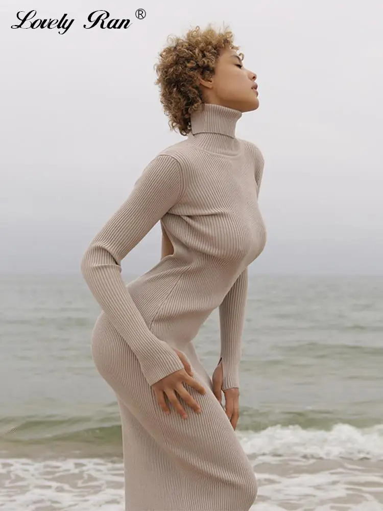 

Sexy Knit Backless Dress Women Turtleneck Long Sleeve Bodycon Female Dresses 2022 Autumn Winter Khaki Lady Maxi Vestidos