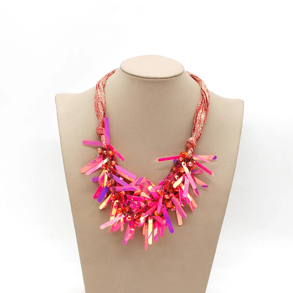 

Fashion Punk Handmade Sequins Crystal Necklace For Women Ribbon Charms Necklace Set Dangle Costume Necklace