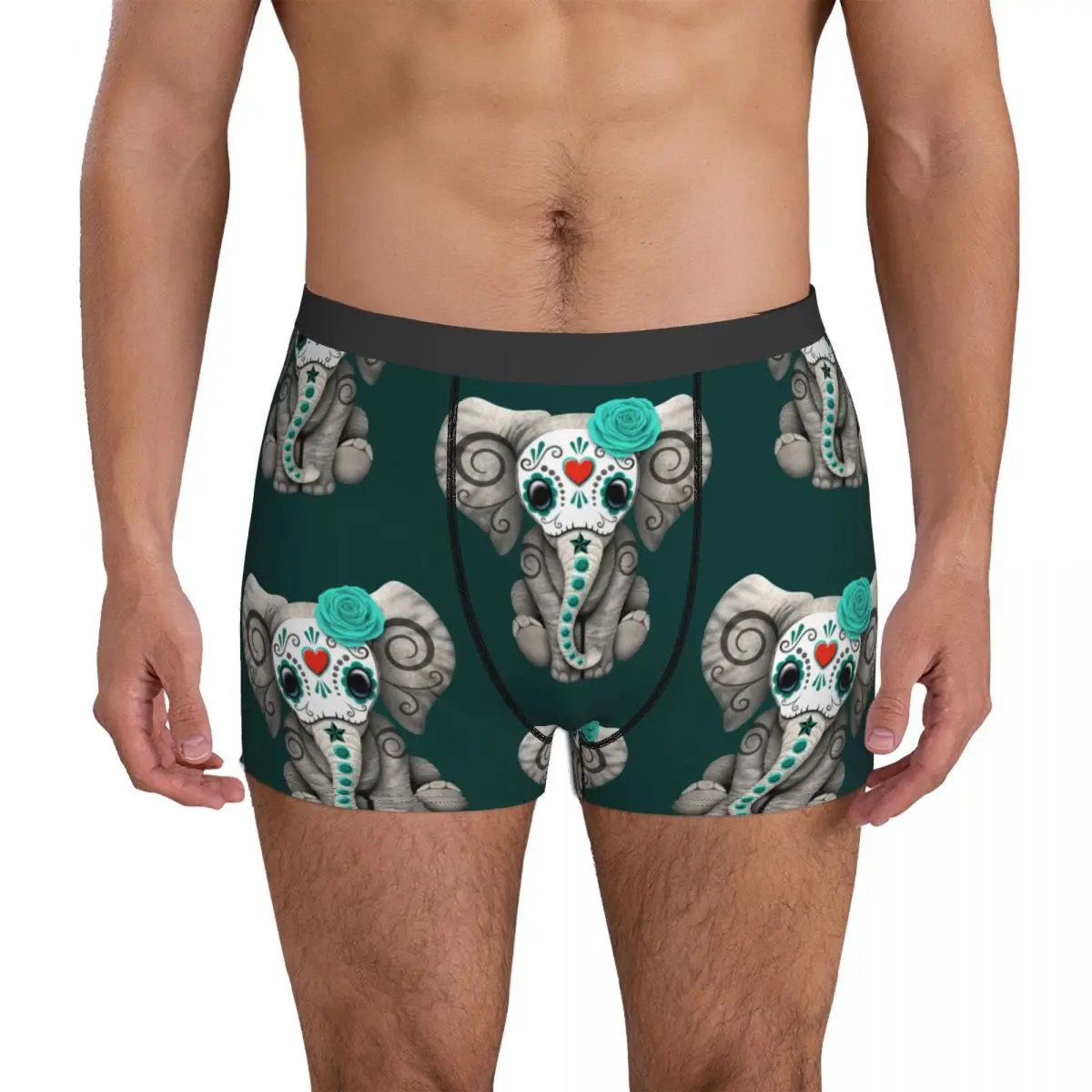 

Sugar Skull Baby Elephant Underwear Teal Blue Day of the Dead 3D Pouch Trenky Trunk Print Boxer Brief Soft Man Underpant