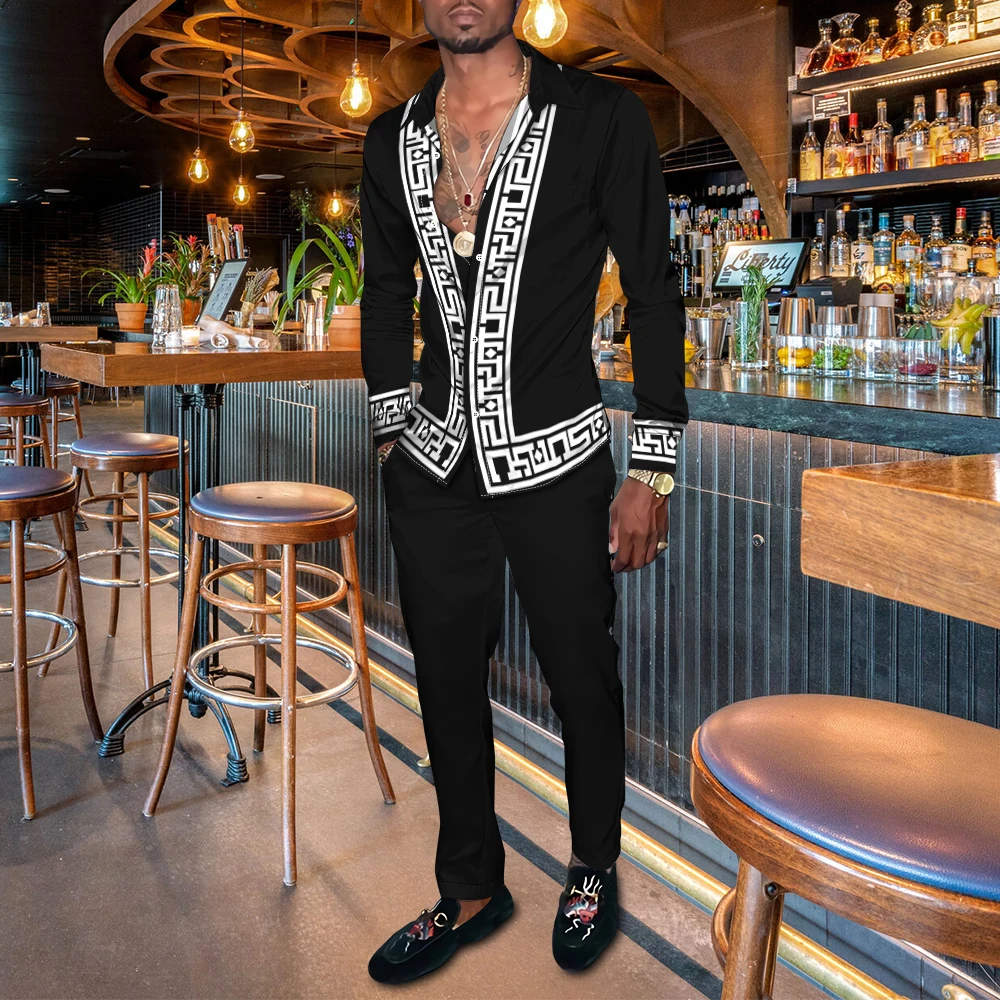 2023 Spring Men's Party Dress Shirt Pants Suit Fashion Brand 3D Vertical Bar Graph Cardigan Slacks Oversized S-4XL Men Clothing