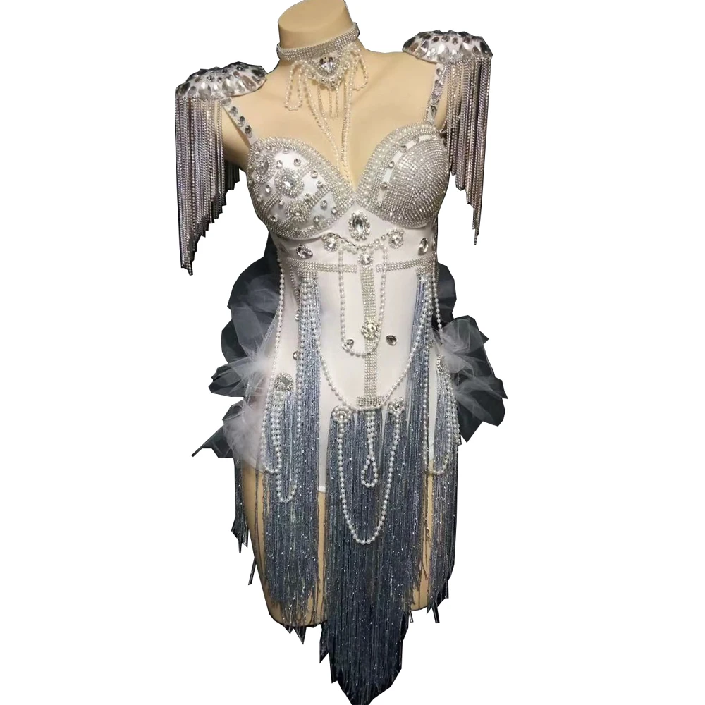 

Embellished Beaded Diamond Halter Tight Women Jumpsuit Glisten White Crystal Tassel Bodysuit Nightclub Outfit Bar Dance Costume