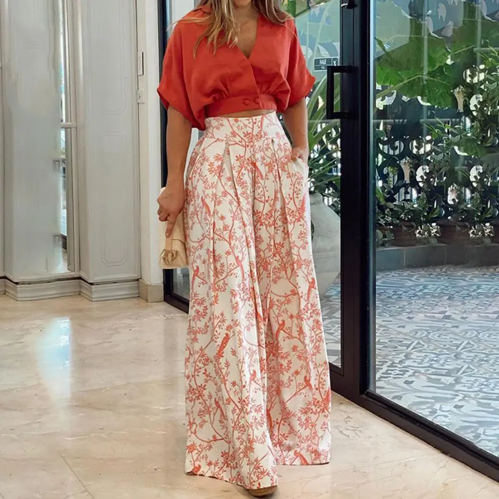 

Women Two Piece Sets Sexy V Neck Crop Top Mid Sleeve Shirt Elgant Floral Print High Waist Wide Leg Pant Casual Outfit Streetwear