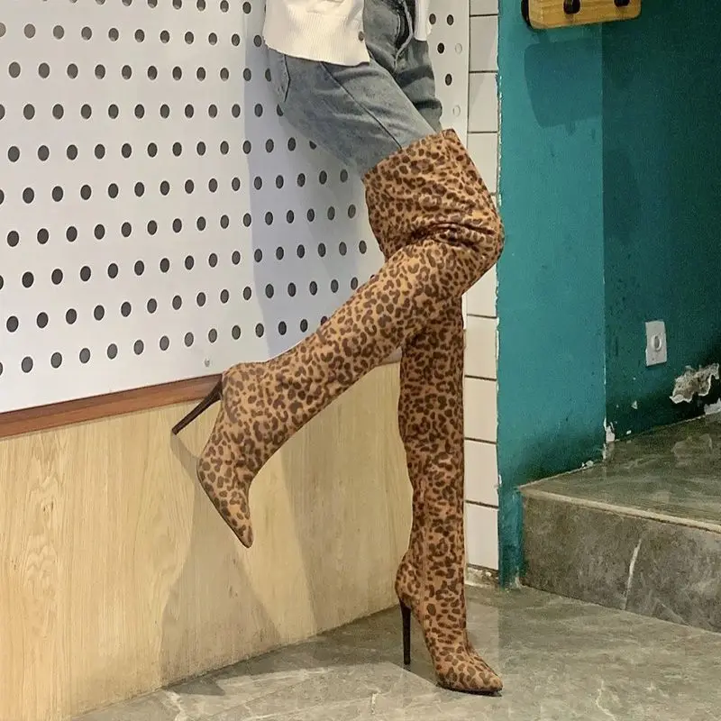 

AISICACA Stock Women Thigh High Boots,Fashion Flock Leopard Shoes,Botas,Pointed Toe,Side Zip,Thin Heel,Big Size,Dropship